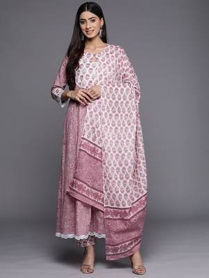 Floral Printed Pure Cotton Kurta with Trousers & With Dupatta 1