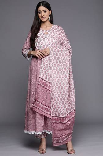Floral Printed Pure Cotton Kurta with Trousers & With Dupatta