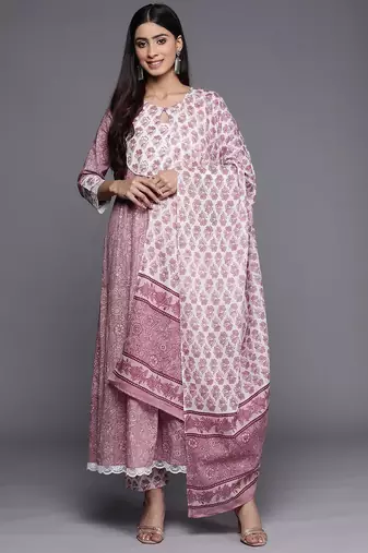 Floral Printed Pure Cotton Kurta with Trousers & With Dupatta