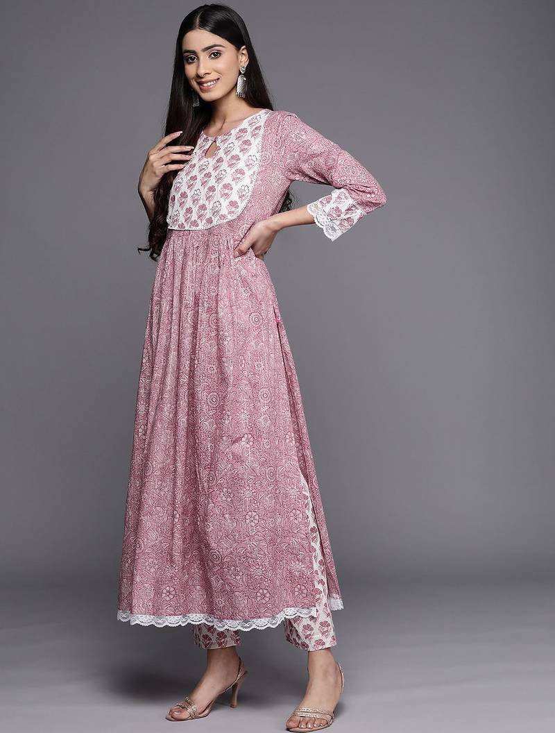Floral Printed Pure Cotton Kurta with Trousers & With Dupatta