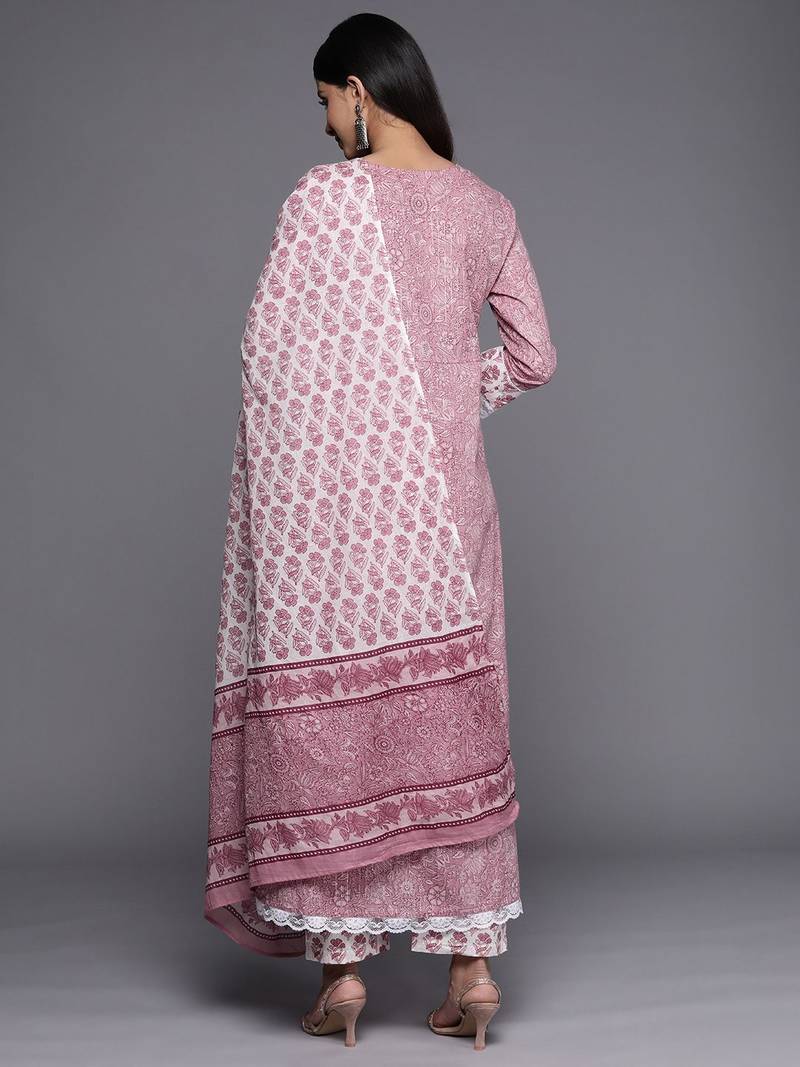 Floral Printed Pure Cotton Kurta with Trousers & With Dupatta