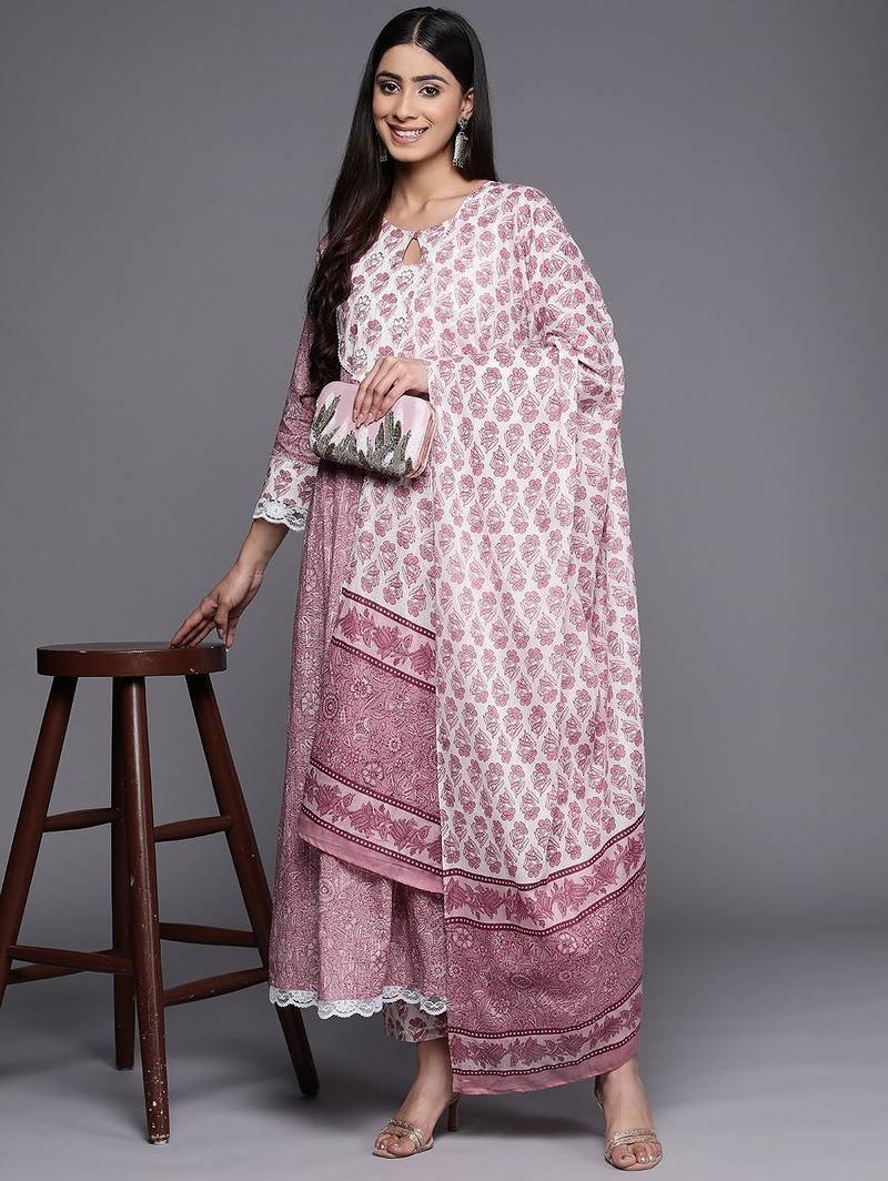 Floral Printed Pure Cotton Kurta with Trousers & With Dupatta