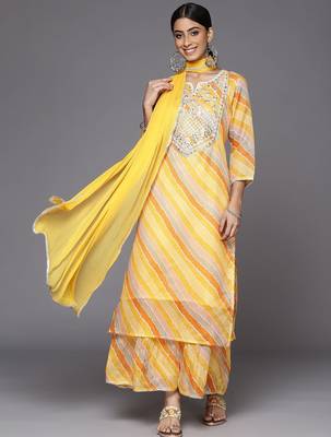 Women Yellow Leheriya Printed Gotta Patti Chanderi Cotton Kurta with Sharara & With Dupatta 1
