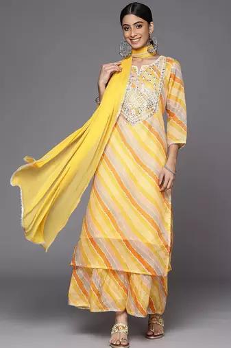 Women Yellow Leheriya Printed Gotta Patti Chanderi Cotton Kurta with Sharara & With Dupatta