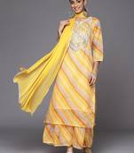 Women Yellow Leheriya Printed Gotta Patti Chanderi Cotton Kurta with Sharara & With Dupatta