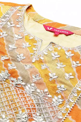 Women Yellow Leheriya Printed Gotta Patti Chanderi Cotton Kurta with Sharara & With Dupatta