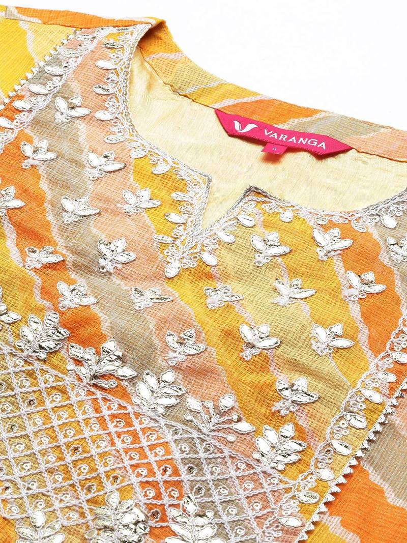 Women Yellow Leheriya Printed Gotta Patti Chanderi Cotton Kurta with Sharara & With Dupatta