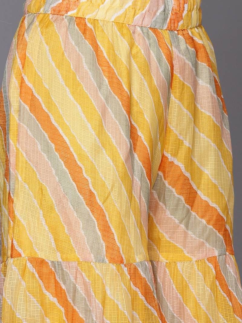 Women Yellow Leheriya Printed Gotta Patti Chanderi Cotton Kurta with Sharara & With Dupatta