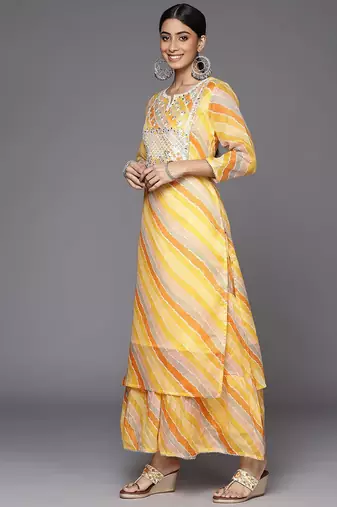 Women Yellow Leheriya Printed Gotta Patti Chanderi Cotton Kurta with Sharara & With Dupatta