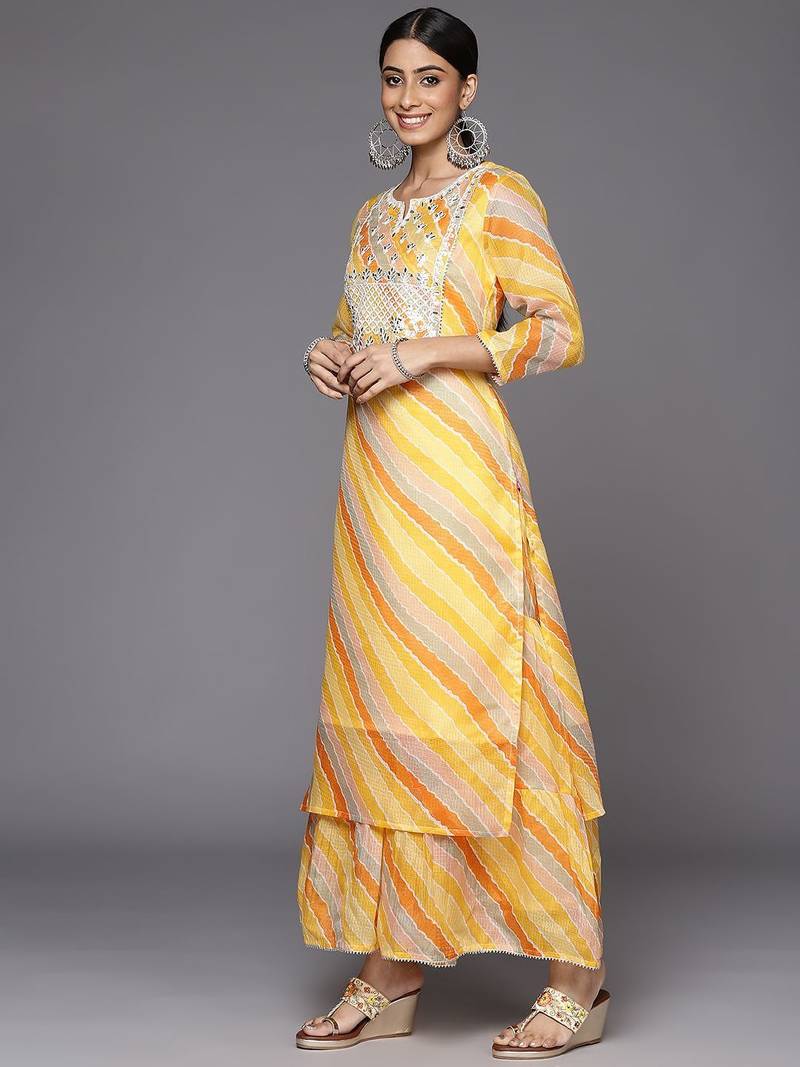 Women Yellow Leheriya Printed Gotta Patti Chanderi Cotton Kurta with Sharara & With Dupatta