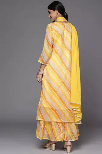 Women Yellow Leheriya Printed Gotta Patti Chanderi Cotton Kurta with Sharara & With Dupatta