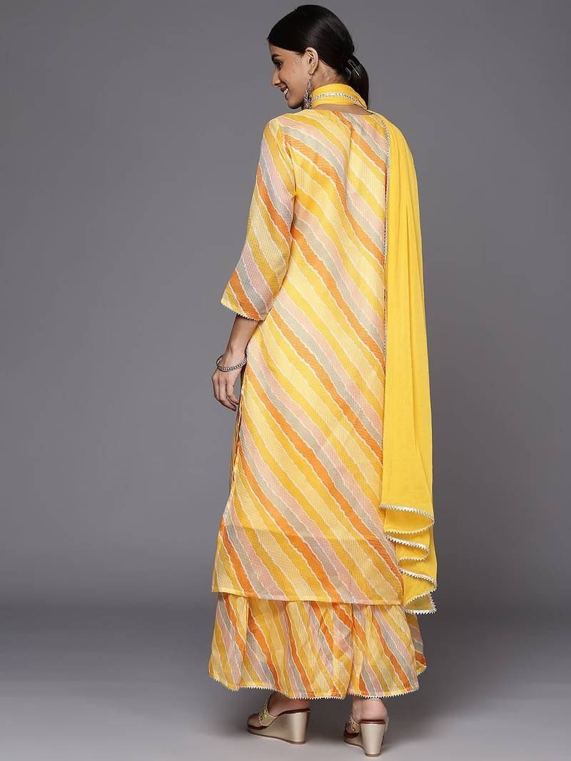 Women Yellow Leheriya Printed Gotta Patti Chanderi Cotton Kurta with Sharara & With Dupatta