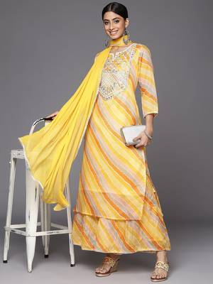 Women Yellow Leheriya Printed Gotta Patti Chanderi Cotton Kurta with Sharara & With Dupatta 7