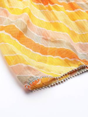 Women Yellow Leheriya Printed Gotta Patti Chanderi Cotton Kurta with Sharara & With Dupatta 8