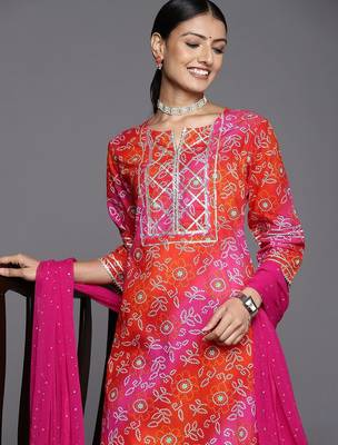 Women Pink Bandhani Printed Gotta Patti Pure Cotton Kurta with Trousers & With Dupatta 1