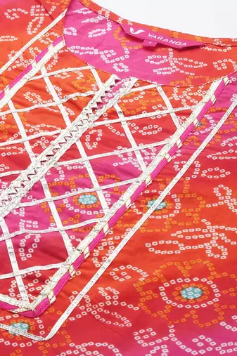 Women Pink Bandhani Printed Gotta Patti Pure Cotton Kurta with Trousers & With Dupatta