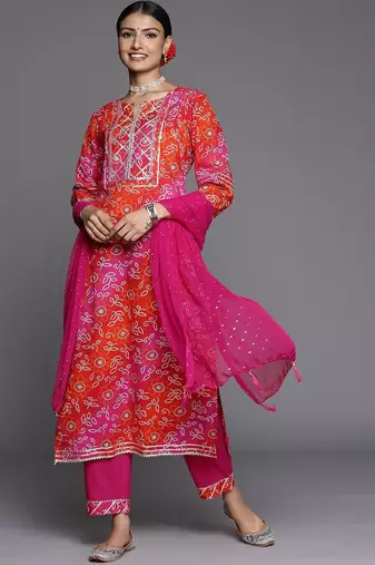 Women Pink Bandhani Printed Gotta Patti Pure Cotton Kurta with Trousers & With Dupatta
