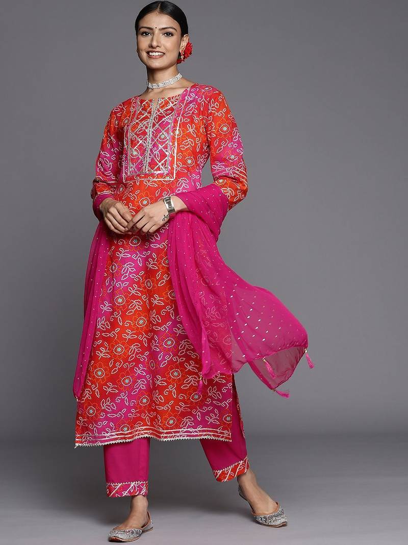 Women Pink Bandhani Printed Gotta Patti Pure Cotton Kurta with Trousers & With Dupatta