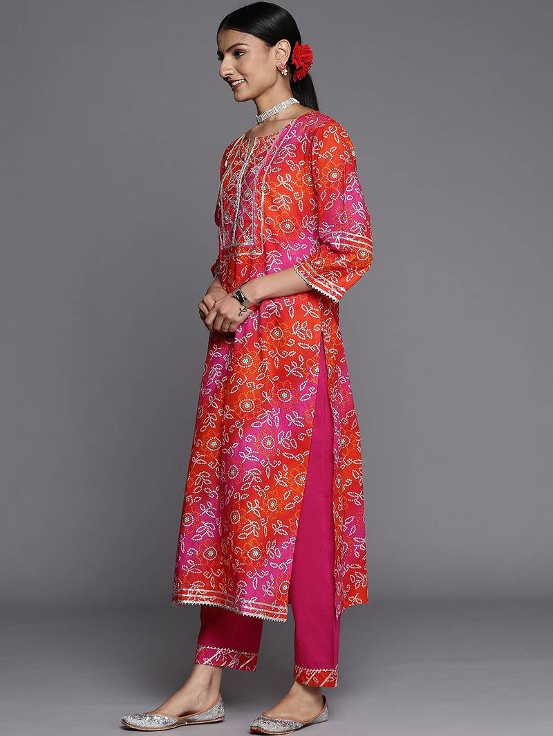Women Pink Bandhani Printed Gotta Patti Pure Cotton Kurta with Trousers & With Dupatta