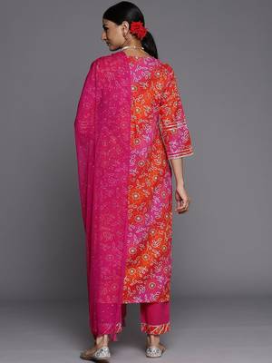 Women Pink Bandhani Printed Gotta Patti Pure Cotton Kurta with Trousers & With Dupatta 7