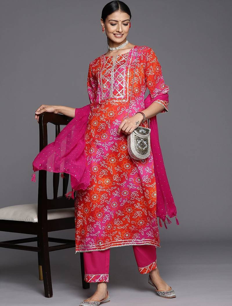 Women Pink Bandhani Printed Gotta Patti Pure Cotton Kurta with Trousers & With Dupatta