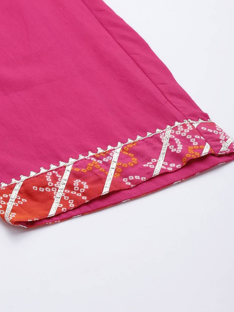 Women Pink Bandhani Printed Gotta Patti Pure Cotton Kurta with Trousers & With Dupatta