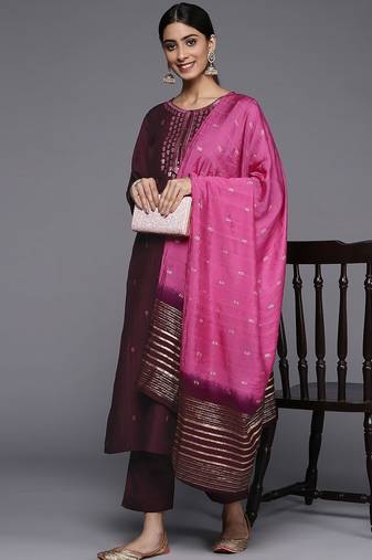 Women Burgundy Floral Embroidered Sequinned Kurta with Trousers & Dupatta