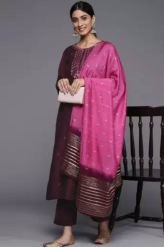 Women Burgundy Floral Embroidered Sequinned Kurta with Trousers & Dupatta