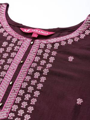 Women Burgundy Floral Embroidered Sequinned Kurta with Trousers & Dupatta 2