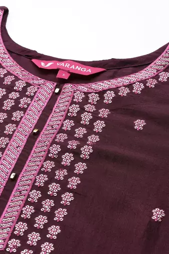 Women Burgundy Floral Embroidered Sequinned Kurta with Trousers & Dupatta