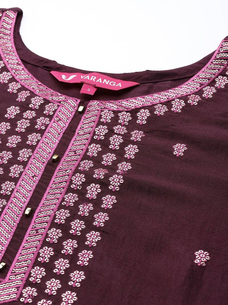 Women Burgundy Floral Embroidered Sequinned Kurta with Trousers & Dupatta