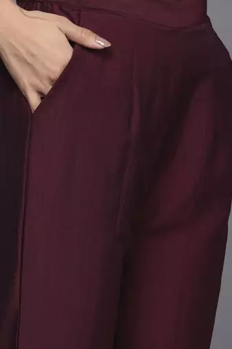 Women Burgundy Floral Embroidered Sequinned Kurta with Trousers & Dupatta