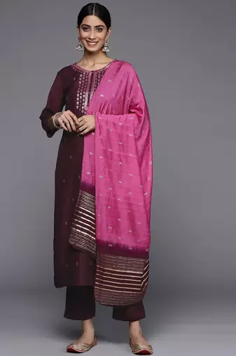 Women Burgundy Floral Embroidered Sequinned Kurta with Trousers & Dupatta