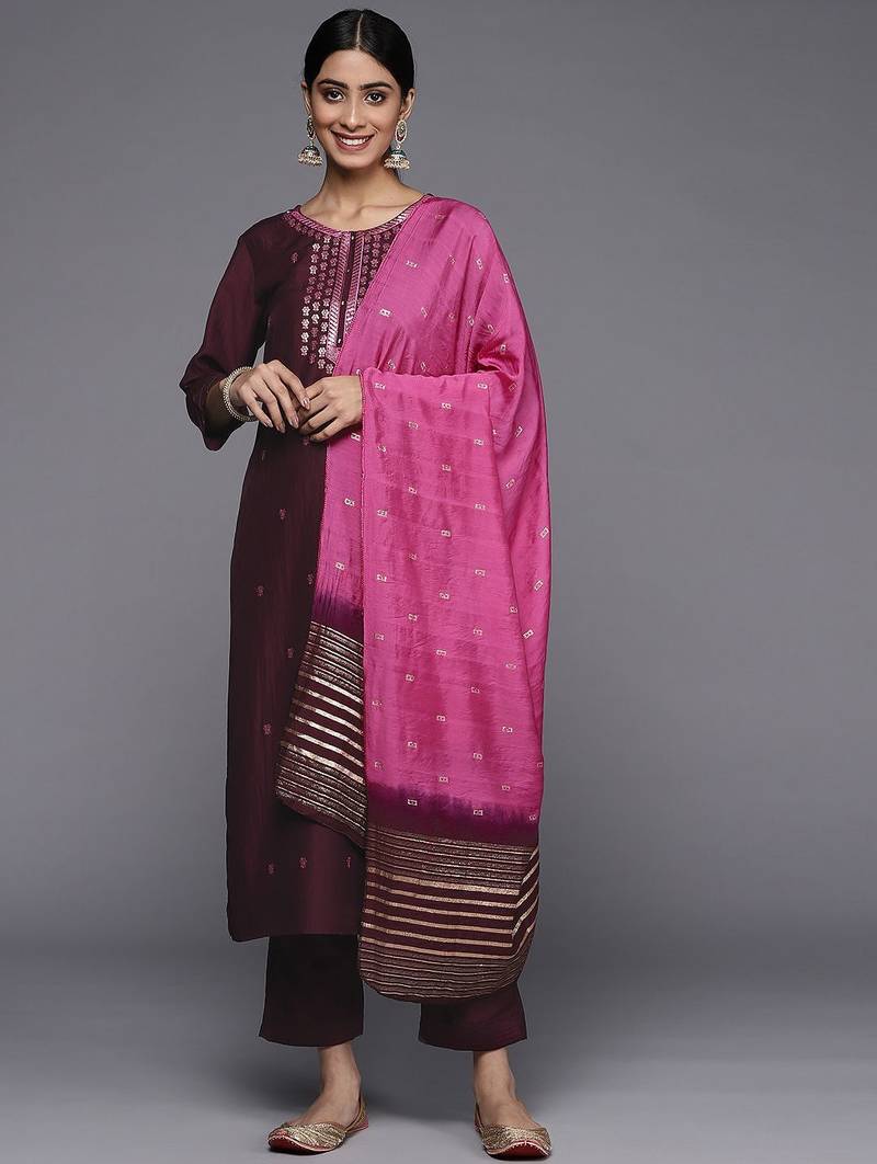 Women Burgundy Floral Embroidered Sequinned Kurta with Trousers & Dupatta