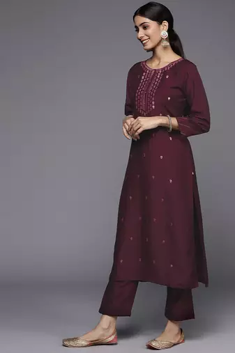 Women Burgundy Floral Embroidered Sequinned Kurta with Trousers & Dupatta