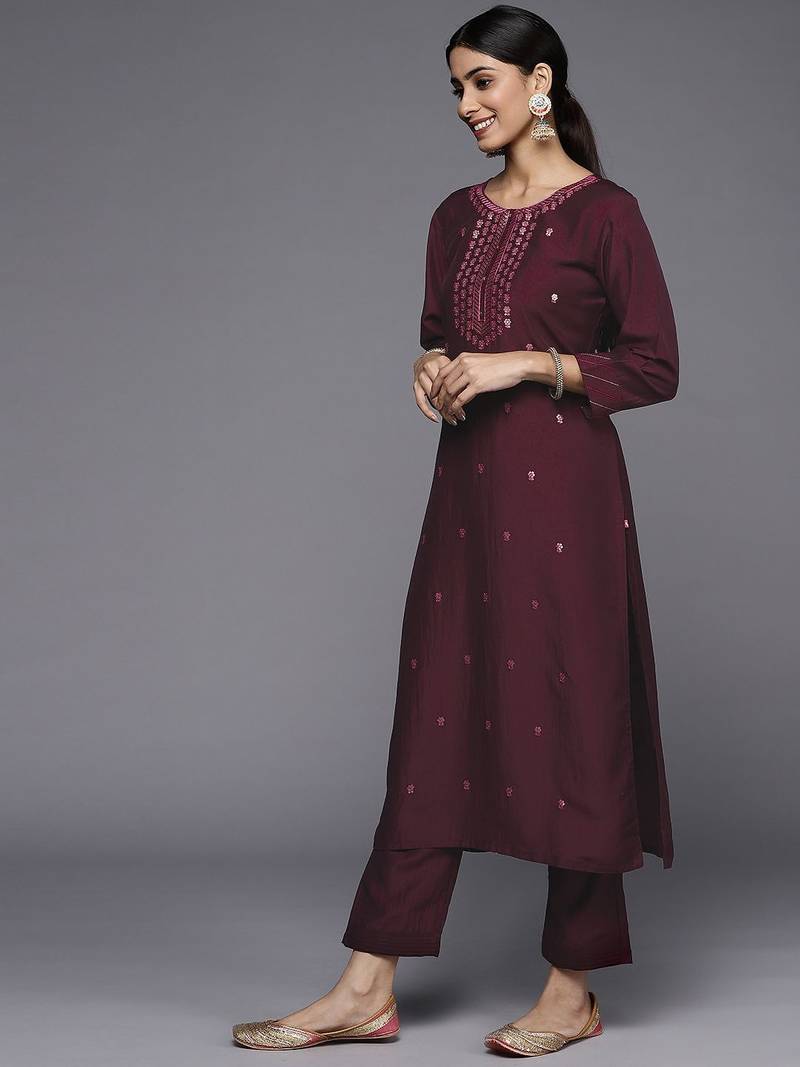 Women Burgundy Floral Embroidered Sequinned Kurta with Trousers & Dupatta
