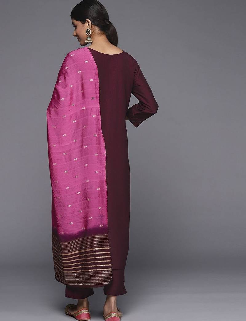 Women Burgundy Floral Embroidered Sequinned Kurta with Trousers & Dupatta