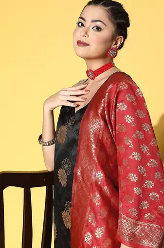 Ethnic Motifs Woven Design Kurta With Trousers & Dupatta