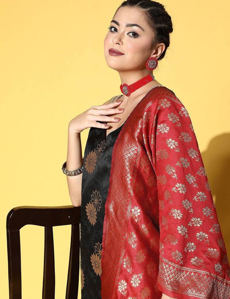 Ethnic Motifs Woven Design Kurta With Trousers & Dupatta