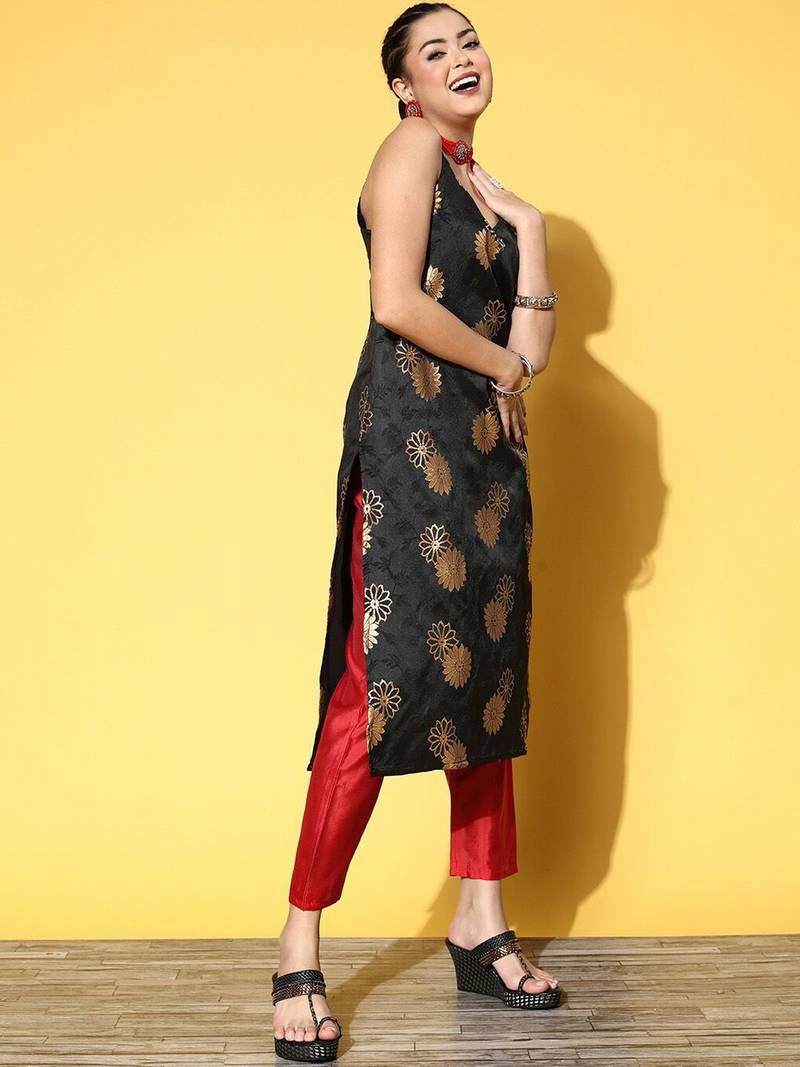 Ethnic Motifs Woven Design Kurta With Trousers & Dupatta