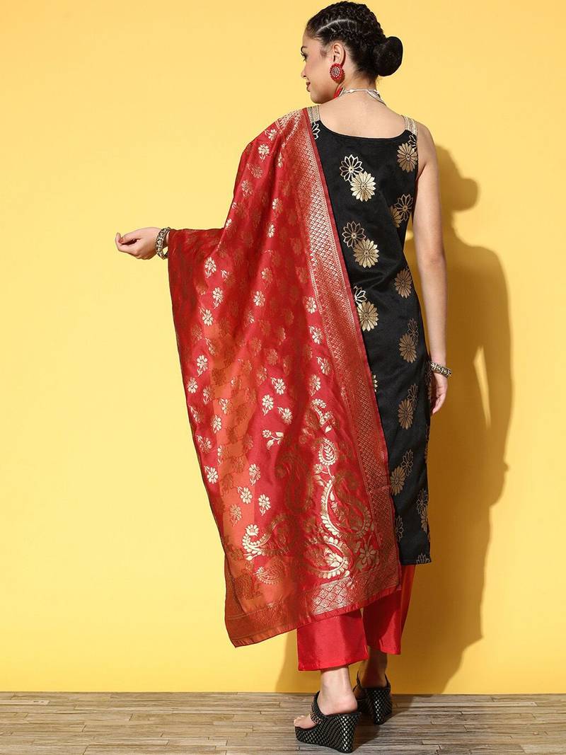 Ethnic Motifs Woven Design Kurta With Trousers & Dupatta