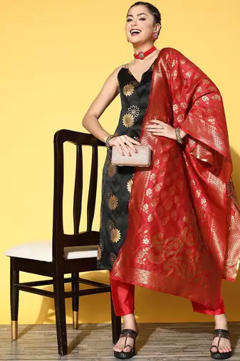 Ethnic Motifs Woven Design Kurta With Trousers & Dupatta