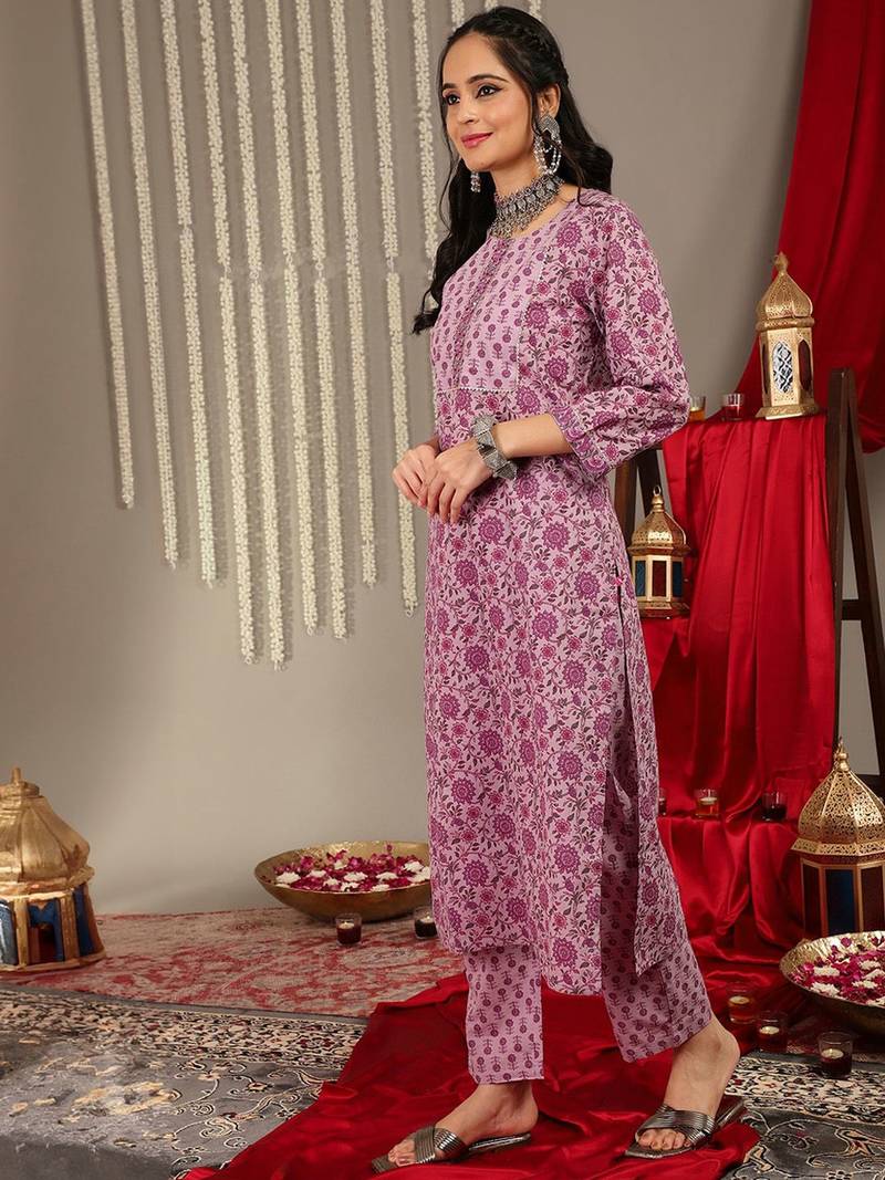 Floral Printed Regular Gotta Patti Pure Cotton Kurta With Trousers & Dupatta