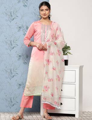 Women Pink Ombre Embroidered Sequinned Kurta with Trousers & With Dupatta 1