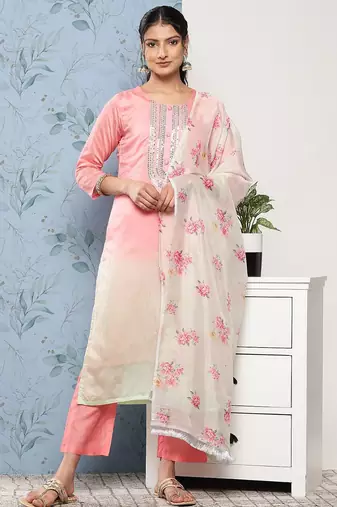 Women Pink Ombre Embroidered Sequinned Kurta with Trousers & With Dupatta