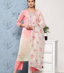 Women Pink Ombre Embroidered Sequinned Kurta with Trousers & With Dupatta