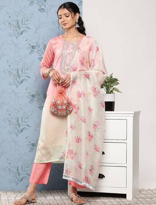 Women Pink Ombre Embroidered Sequinned Kurta with Trousers & With Dupatta 2