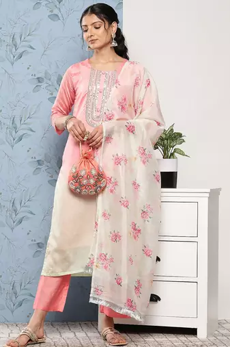 Women Pink Ombre Embroidered Sequinned Kurta with Trousers & With Dupatta