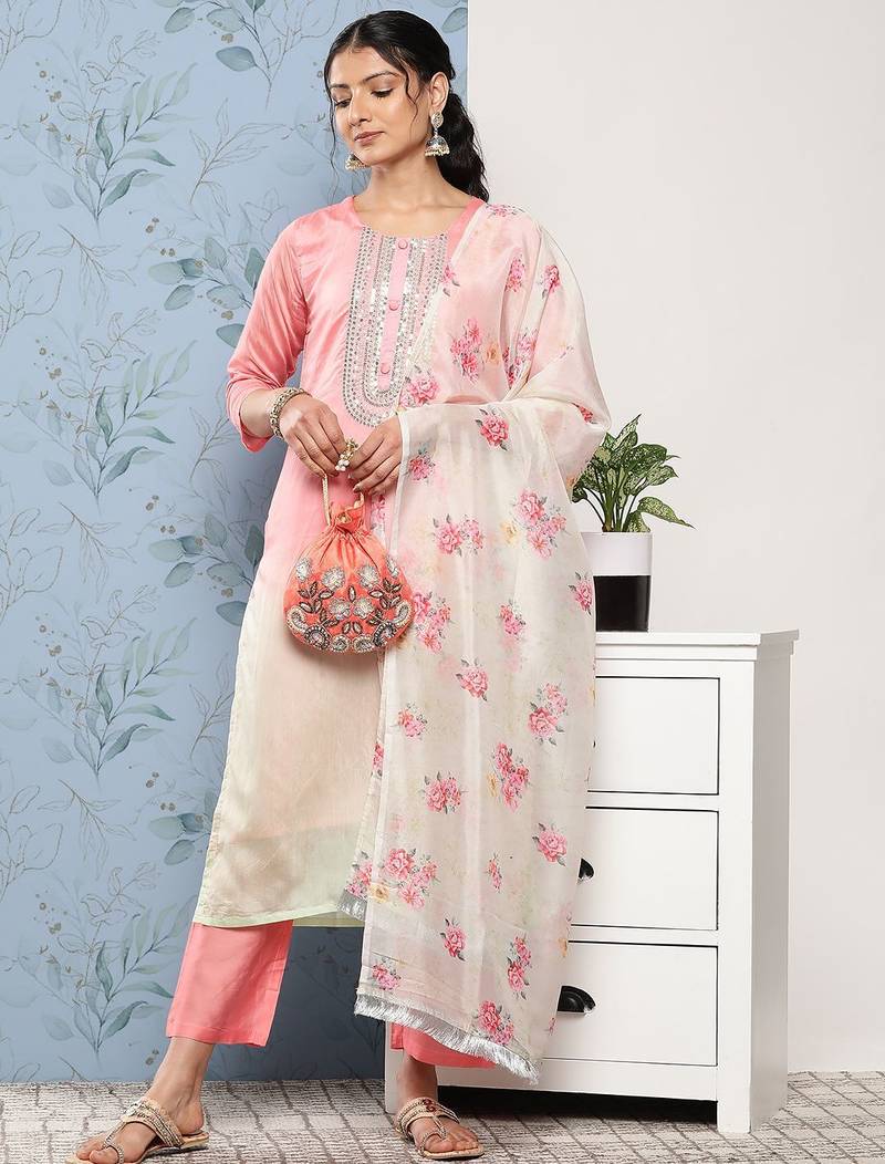 Women Pink Ombre Embroidered Sequinned Kurta with Trousers & With Dupatta