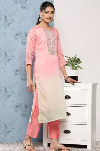 Women Pink Ombre Embroidered Sequinned Kurta with Trousers & With Dupatta